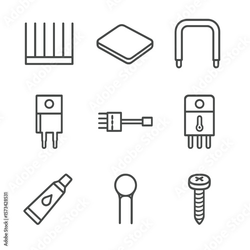 Thermal Management Icons. Line style icons of Thermal Management: aluminum heatsink fin, silicone thermal pad, copper heat pipe,