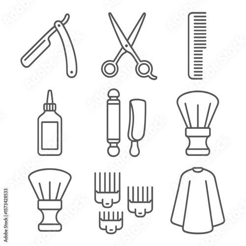 Barbershop Essentials Icons. Line style icons of Classic Barbershop Tools: straight razor, barber shears, taper comb, clipper oil,