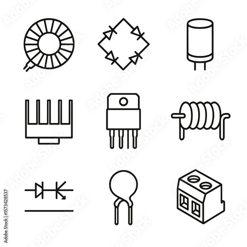 Power Supply Icons. Line style icons of Power Supply Components: toroidal power transformer, full bridge rectifier, smoothing