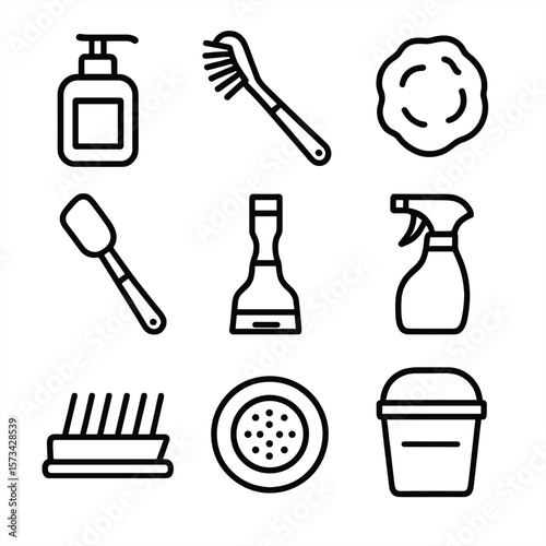 Kitchen Cleaning Icons. Line style icons of Kitchen Cleaning Tools: dish soap pump, dish brush, steel wool pad, sponge wand,
