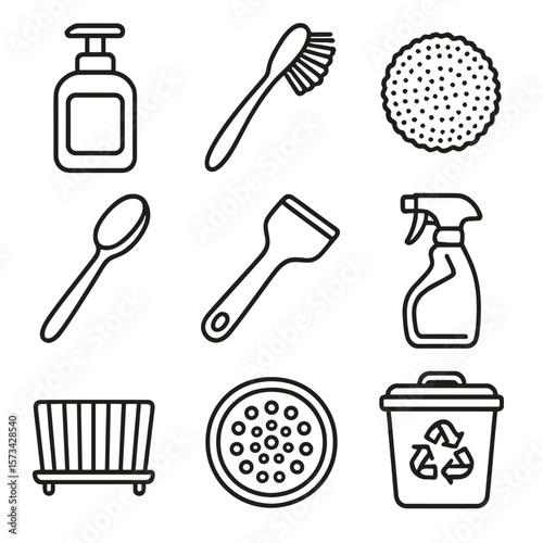 Kitchen Cleaning Icons. Line style icons of Kitchen Cleaning Tools: dish soap pump, dish brush, steel wool pad, sponge wand,