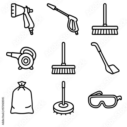 Outdoor Cleaning Icons. Line style icons of Outdoor Cleaning Gear: garden hose nozzle, pressure washer wand, deck scrub brush,