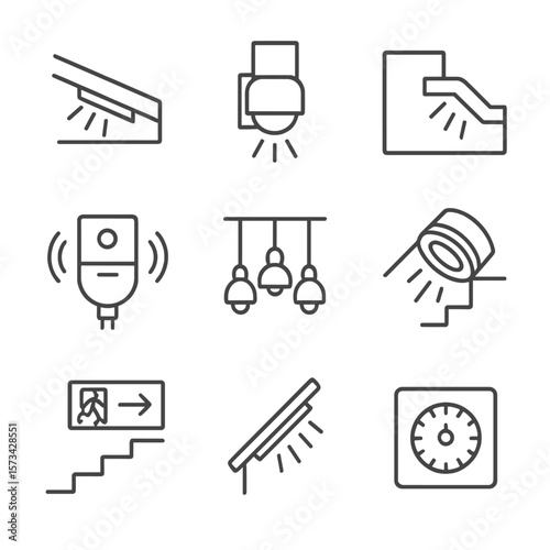 Staircase Lighting Icons. Line style icons of Staircase & Hallway Lights: step tread LED, wall washer sconce, recessed stair nose,