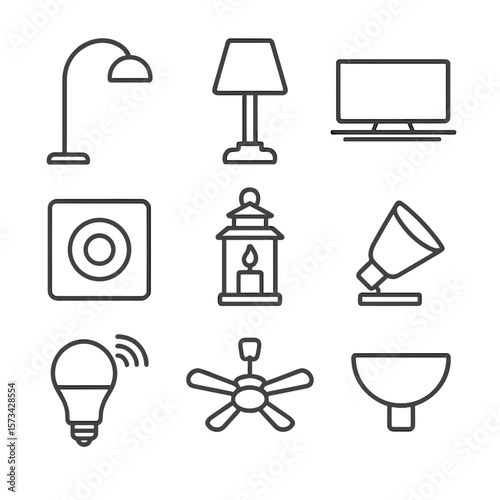 Living Room Lighting Icons. Line style icons of Living Room Ambient Lighting: floor lamp arc, table lamp shade, LED strip behind