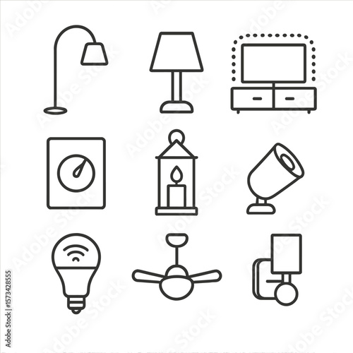 Living Room Lighting Icons. Line style icons of Living Room Ambient Lighting: floor lamp arc, table lamp shade, LED strip behind