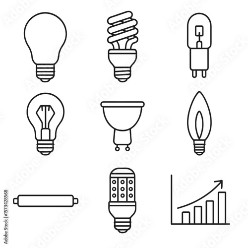 Energy Bulb Icons. Line style icons of Energy-Efficient Bulb Types: LED A19, CFL spiral, halogen capsule, smart filament, GU10