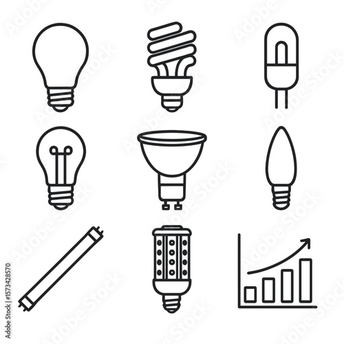 Energy Bulb Icons. Line style icons of Energy-Efficient Bulb Types: LED A19, CFL spiral, halogen capsule, smart filament, GU10