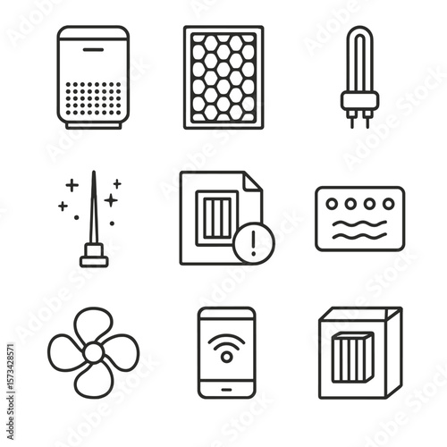 Household Air Purifier Icons. Line style icons of Household Air Purifiers: HEPA filter unit, activated carbon cartridge, UV-C lamp