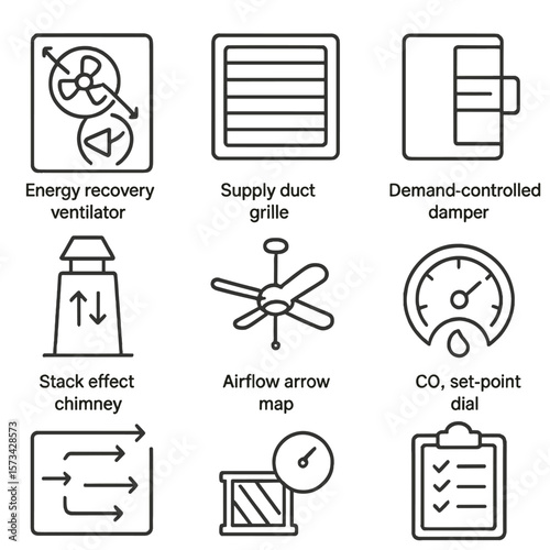 Building Ventilation Icons. Line style icons of Building Ventilation Strategies: energy recovery ventilator, supply duct grille,