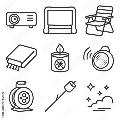 Backyard Movie Essentials. Line style icons of Backyard Movie Setup: portable projector, inflatable screen, lawn chair, blanket
