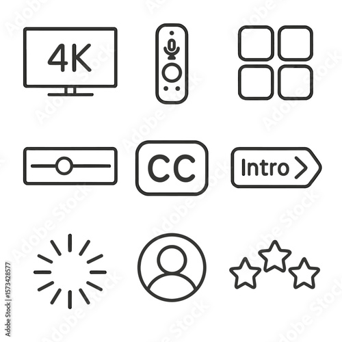 Smart TV Icon Set. Line style icons of Smart TV Streaming Hub: 4K smart TV, voice remote, app grid tiles, binge-watch progress bar