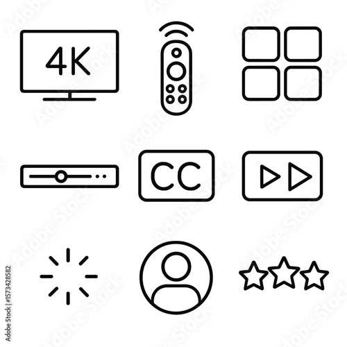 Smart TV Icon Set. Line style icons of Smart TV Streaming Hub: 4K smart TV, voice remote, app grid tiles, binge-watch progress bar