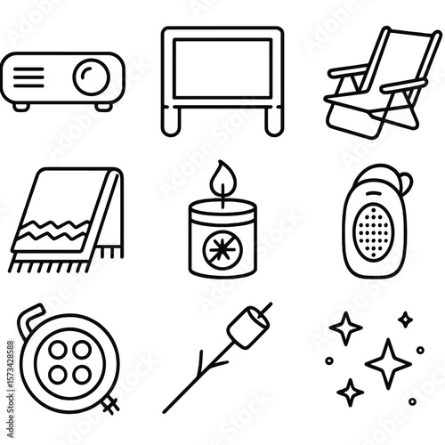 Backyard Movie Essentials. Line style icons of Backyard Movie Setup: portable projector, inflatable screen, lawn chair, blanket