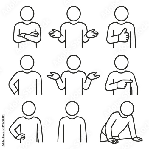 Body Language Icons. Line style icons of Body Language Signals: crossed arms, open palms, clenched fist, thumbs up gesture,
