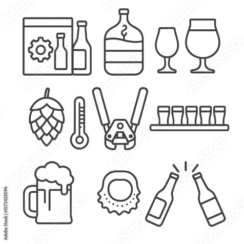 Home Brewing Icons. Line style icons of Home Brewing & Tasting: craft beer kit, fermentation carboy, tasting glass, hop cone, brew