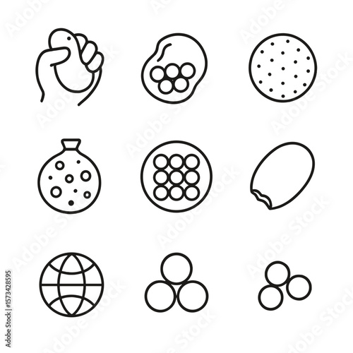 Stress Relief Balls Icons. Line style icons of Stress Relief Balls: classic squeeze ball, gel bead ball, foam ball, textured ball,