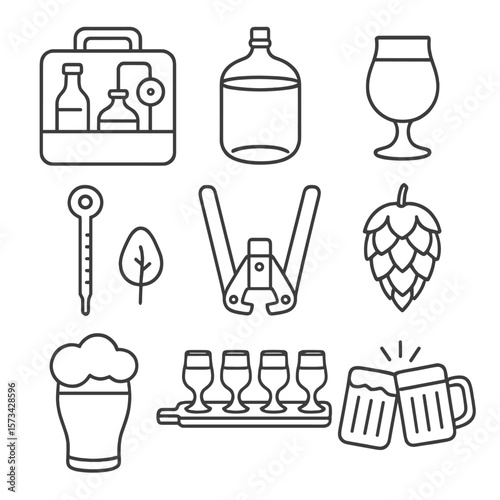 Home Brewing Icons. Line style icons of Home Brewing & Tasting: craft beer kit, fermentation carboy, tasting glass, hop cone, brew