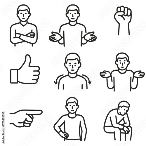 Body Language Icons. Line style icons of Body Language Signals: crossed arms, open palms, clenched fist, thumbs up gesture,