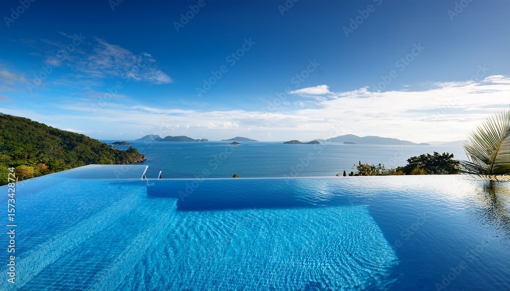 Fototapeta premium luxurious infinity pool overlooking serene blue waters and distant islands on a sunny day