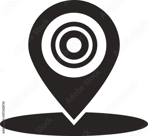 Black Glyph Icon Map Location Pin with Concentric Circles on White Background Simple Solid Vector Graphic