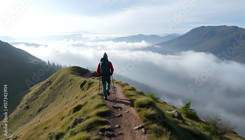 Solo hiker climbing a mountain trail, framed by misty morning light and vast landscapes.