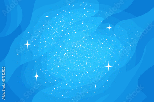 Abstract blue liquid wave background with glitter and shining stars. Modern flat cartoon vector illustration. Cosmic night sky. Fantasy celestial backdrop with shiny particles.