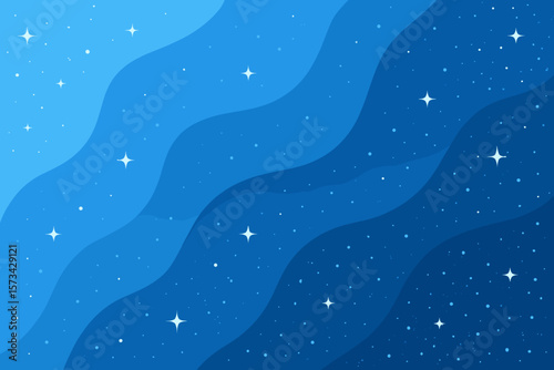 Night sky background with sparkling stars. Abstract modern flat vector illustration. Wavy blue layers. Cosmic deep space wallpaper design. Celestial galaxy backdrop concept.