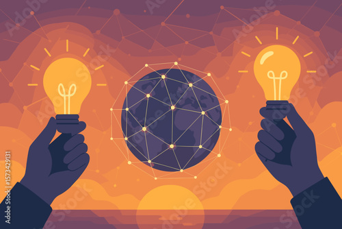 Hands hold light bulbs, symbolizing global collaboration, big ideas, and inspiration. Digital network connection over a sunset background represents future technology and science.