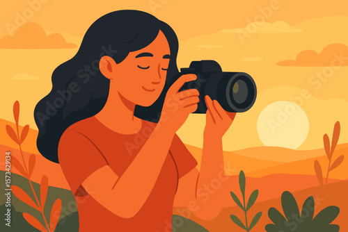 Young woman photographer taking photo with camera at sunset. Beautiful landscape with hills and sun. Concept for travel, hobby, lifestyle. Modern flat vector cartoon illustration.