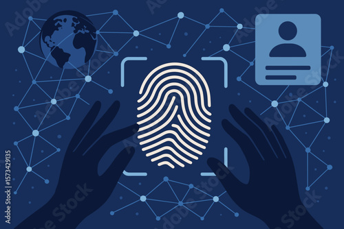 Biometric fingerprint identification for personal data access. Global network security concept with hands, user ID, and globe. Digital identity innovation technology vector.