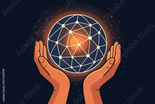 Hands holding glowing sphere with network connection. Global technology, internet, and data science concept. Future innovation, worldwide communication, abstract vector design.