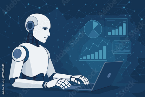 AI robot at laptop analyzes business data on a network. Concept for machine learning, big data analytics, financial technology, marketing automation, deep learning, and science.