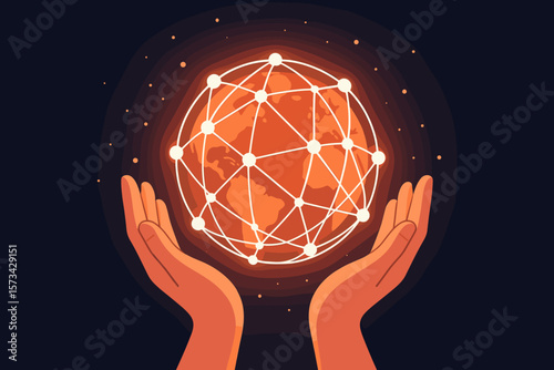 Global network connection concept. Hands holding glowing Earth. Worldwide communication technology. Future innovation. Digital data connection. Sustainability and environment care.