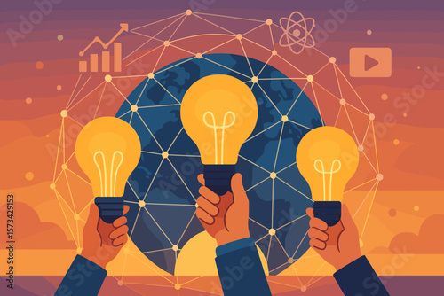 Metaphor for big idea, inspiration, innovation. Hands holding light bulbs on digital global network. Business, science, media, technology solution, strategy, and teamwork concept.