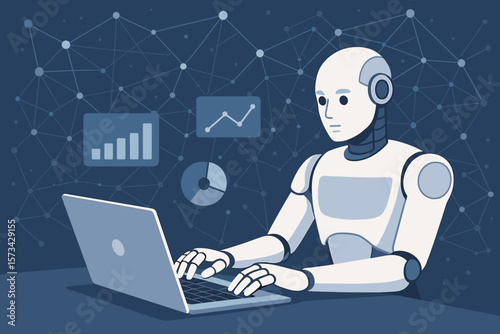 AI robot at laptop for business data analysis on a network. Machine learning, deep learning, marketing, banking, finance, fintech, automation, futuristic technology concept.