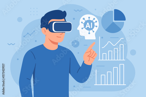 Man in VR glasses interacts with holographic interface for AI marketing analysis. Business data visualization, big data processing, machine learning, and deep learning concept.