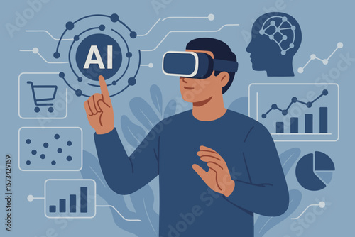 Man in VR headset analyzing AI marketing data. Concept of artificial intelligence, machine learning, big data processing for business strategy and digital e-commerce growth.