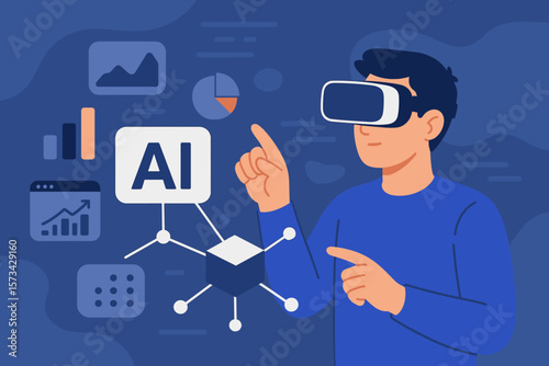 AI marketing concept. Man in VR glasses analyzing big data. Artificial intelligence for business analytics, data processing, machine learning, and deep learning strategy.