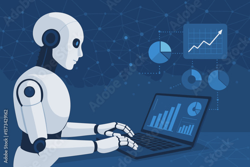 AI robot analyzing business data on a laptop. Machine learning for financial analytics and marketing insights. Big data processing, deep learning, futuristic technology concept.