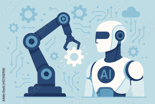 Artificial intelligence concept. Robot and robotic arm. Automation and industry 4.0. Future technology background. Machine learning, cyborg, manufacturing process vector.