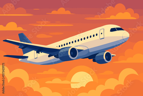 Airplane flying in sky sunset. Commercial jet air travel tourism. Modern flat vector cartoon illustration. Vacation holiday journey transportation concept. Aircraft aviation.