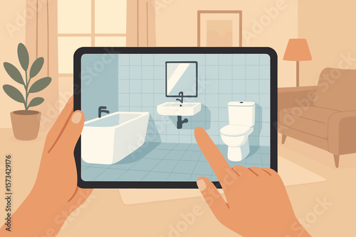 Augmented reality bathroom planning concept. Hand holding tablet with AR interior design app. Visualizing sanitary ware, toilet, bathtub in home. Modern flat vector illustration.