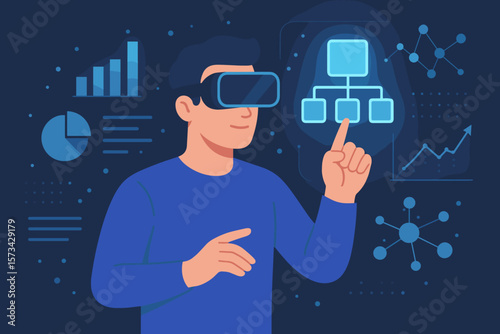 Man in VR glasses analyzing big data structure. AI marketing concept. Business analytics, data processing, machine learning in virtual reality metaverse for digital innovation.