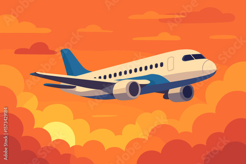 Airplane flying in the sky through orange clouds at sunset or sunrise. Commercial airline jet concept for travel, vacation, and tourism. Modern flat vector cartoon illustration.