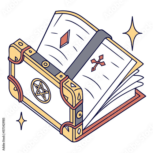 An ancient magical grimoire with a pentagram on its cover and a cross symbol on its pages radiating mystical energy and secrets