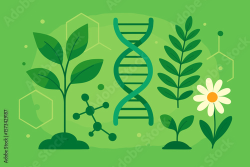Biology science nature background. Plant life, DNA research, genetic engineering, and biochemistry molecule. Ecology, botany, and environment concept. Modern flat vector illustration.