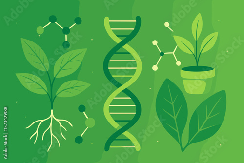 Biology science and nature concept with plants, DNA helix, and molecule structures. Modern flat vector cartoon illustration for biochemistry, genetics, botany, and research.