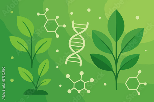 Biology science concept. Plant with DNA helix, molecule structure. Vector for biochemistry, botany, genetics, biotechnology research. Green background flat cartoon illustration.