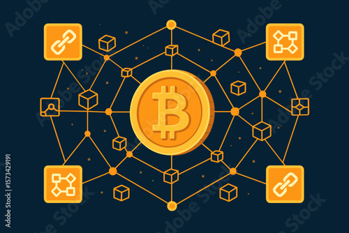 Blockchain technology and Bitcoin cryptocurrency network concept. Golden coin and chain block icons connected in a decentralized financial system on a digital tech background.