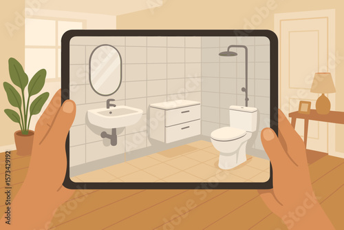 Augmented reality for bathroom planning and interior design. Hand holding tablet with AR app showing virtual sanitary ware. Home renovation technology concept. Flat vector illustration.